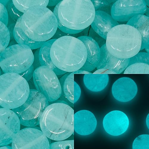 70+ pcs Glow in the Dark (Blue) Flat Round Coin 1-hole glass beads (25g), 8mm, Czech Republic, Dirty Turquoise von BCV Glass