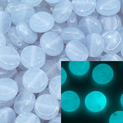 70+ pcs Glow in the Dark (Blue) Flat Round Coin 1-hole glass beads (25g), 8mm, Czech Republic, Dirty Violet Blue von BCV Glass