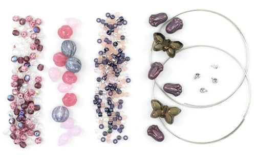 Bracelet making kit with Czech Glass Beads & TOHO Japanese Rocailles, 2pcs Mеmory wirе and сrimps for beginners - easy & fast to do (Butterflies Purple Pink) von BCV Glass