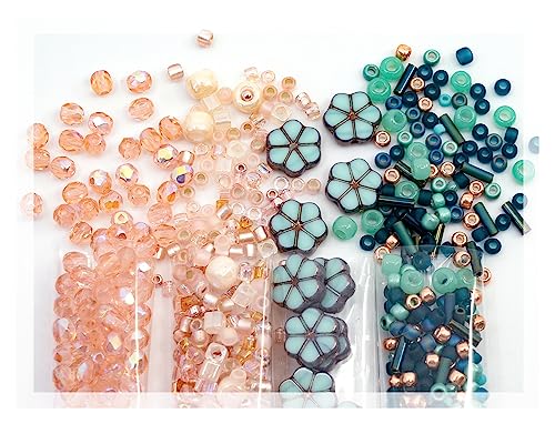 Czech Glass Beads & Japaneese TOHO Seed Beads SET for Jewelry Making: Table Cut Garland Flowers, Fire Polished Faceted 4mm, 2x TOHO Rocailles Mix Intense Turquoise Teal & Pink Beige Bara Rose von BCV Glass