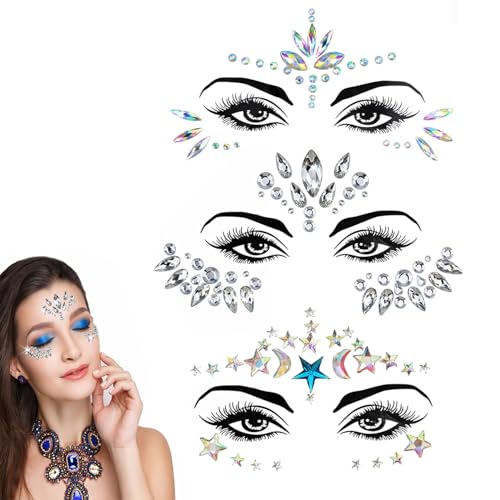 3 Stücke Glitzersteine Gesicht Strasssteine Gesicht, Strasssteine Gesicht Halloween Strass Gesicht Juwelen Kristalle, Glitzersteine Selbstklebend gesicht für Karneval Schminke Party Make up von BCVSER