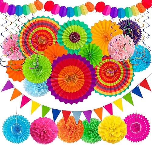 Bunte Party Deko für Gartenpartys, Geburtstage und Karneval, Karneval Fasching Party Dekoration mit Hängenden Papier Lüfter, Regenbogen Pompons, Tissue Bänder und Wimpelketten Girlande für Feste, Hoch von BCVSER