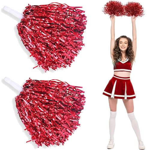 Cheerleader Pompons, 2 Stück Cheerleading Captain Pompons für Den Sport Pom Poms Cheerleading, Pom Poms aus Metallfolie (Rot) von BCVSER