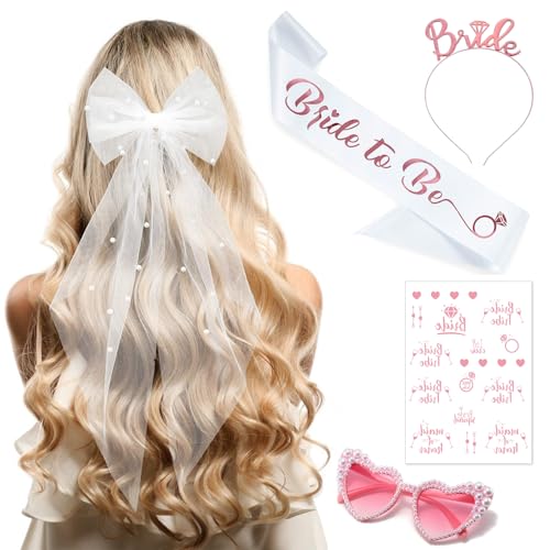 JGA Accessoires Frauen, Junggesellenabschied Frauen Accessoires mit Weiße Schleier, Bride to Be Schärpe, Herz Sonnenbrille Perle, Tiara, Tätowierungen, JGA deko für Junggesellinnenabschied Brautparty von BCVSER