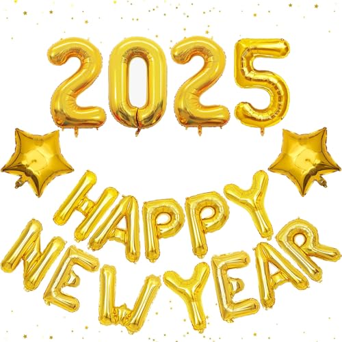 Silvester Deko 2025, 18 Stück New Year Decoration 2025 Set, Glänzende Gold Zahlen 2025 und Herz Folienballons, Helium Ballon Girlande mit Happy New Year Schriftzug von BCVSER