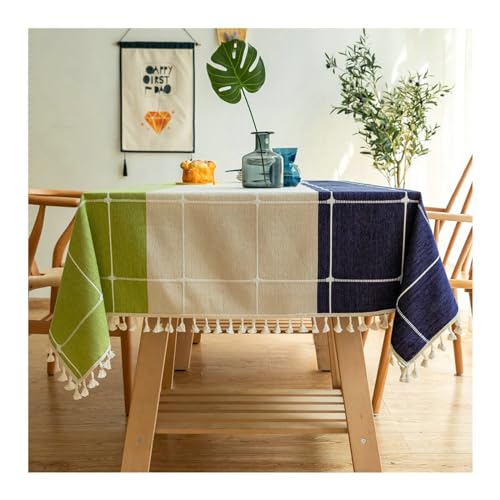 BCughia Tischdecke 110x170CM Rechteckig, Tischdecke Wasserabweisend Chenille Plaid mit Quasten Tischtuch für Indoor, Outdoor, Essen, Küche, Grün Weiß Blau von BCughia