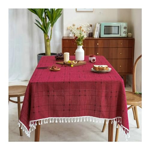 BCughia Tischdecke 140x220CM Rot, Tischdecke Wasserabweisend Rechteckig Baumwolle Leinen Streifen Plaid mit Quasten Tischbedeckung für Küche Esstisch Dekoration von BCughia