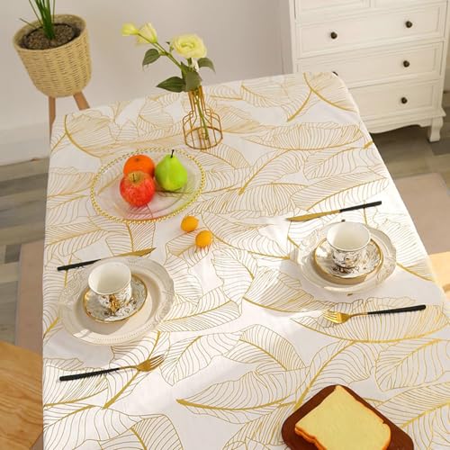 BCughia Tischdecke Rechteckig 100 x 140, Tischdecke Abwaschbar Esszimmer Polyester Bananen Blätter Tischdecke für Esstisch, Gold Weiß von BCughia