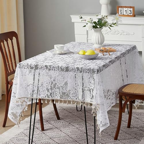 BCughia Tischdecke Rechteckig 140 x 200 Weiß, Tischdecke Fleckabweisend Polyester Spitze Stickerei Blumen mit Quasten Tischdecke für Küche,Esszimmer,Tischdekoration von BCughia