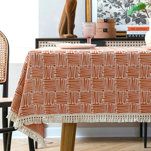 BCughia Tischdecke Rechteckig 140 x 220, Partytischdecke Wasserfest Polyester Geometrisches Muster mit Quasten Tischdecke für Küchentisch, Orange von BCughia