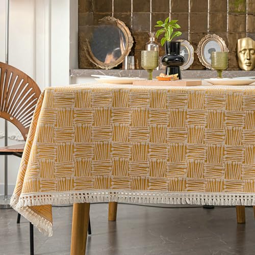 BCughia Tischdecke Rechteckig 140 x 220 Gelb, Tischdecken Wasserabweisend Polyester Geometrisches Muster mit Quasten Tischbedeckung für Küche Esstisch Dekoration von BCughia