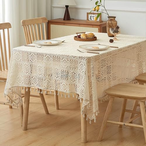 BCughia Tischdecke Rechteckig 150 x 305 Beige, Tischdecke Abwaschbar Couchtisch Polyester Baumwolle Hohl Spitze Stickerei mit Quasten Tischdecke für Esstisch von BCughia