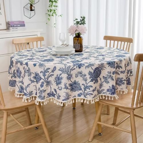 BCughia Tischdecke Rund 140, Tischdecke Abwaschbar Esszimmer Polyester Blumen und Blättermuster mit Quasten Tischdecke für Küchentisch, Blau Weiß von BCughia