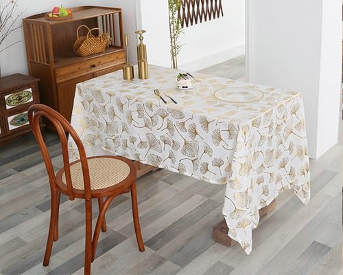 BCughia Tischdecken 140 x 100 cm, Rechteckig Tischdecke Fleckschutz Polyester Ginkgo Biloba Tischdecke für Esstisch, Gold Weiß von BCughia