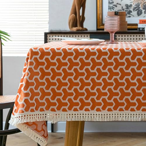 BCughia Tischdecken 140 x 200 cm, Rechteckig Tischdecke Wasserabweisend Polyester Geometrisches Muster mit Quasten Tischdecke für Esstisch, Orange von BCughia