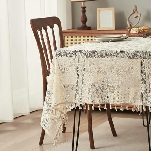 BCughia Tischdecken 140 x 240 cm Beige, Rechteckig Tischdecke Abwaschbar Esszimmer Polyester Spitze Stickerei Blumen mit Quasten Tischdecke für Esstisch von BCughia