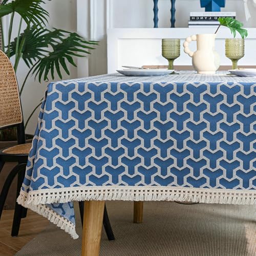 BCughia Tischdecken 140 x 260 cm Blau, Rechteckig Tischdecke Wasserdicht Polyester Geometrisches Muster mit Quasten Tischdecke für Küche,Esszimmer,Tischdekoration von BCughia