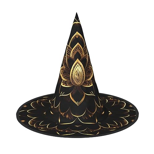 BDDFN Gold Lotusblumen Druck Halloween Vielseitiger Hexenhut Erwachsene Halloween Hut Vollparty Hexenkostüm von BDDFN