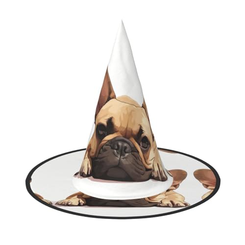 BDDFN Tierhund Französische Bulldogge Druck Halloween Vielseitiger Hexenhut Erwachsene Halloween Hut Vollparty Hexenkostüm von BDDFN