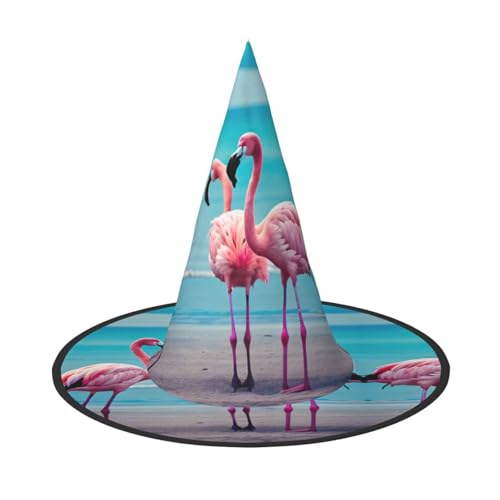 Flamingo Strand Druck Halloween Vielseitiger Hexenhut Erwachsene Halloween Hut Vollparty Hexenkostüm von BDDFN