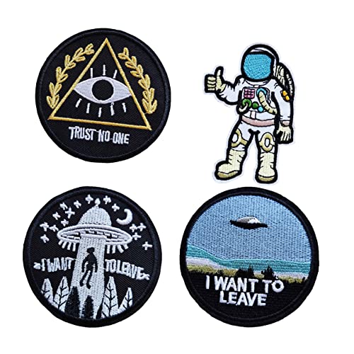4 x lustige Aufnäher mit Aufschrift "Trust No One Astronaut", UFO I Want to Leave Iron On Sew On Patch, bestickt von BDIHS