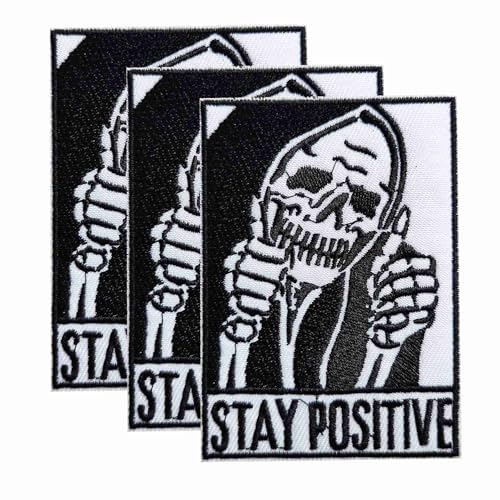 Aufnäher, Motiv: "Stay Positive Thumbs-Up"-Schädel zum Aufbügeln oder Aufnähen, bestickt, für Kleidung, Hüte, Taschen, Schuhe, Rucksäcke, Jeans, 3 Stück von BDIHS