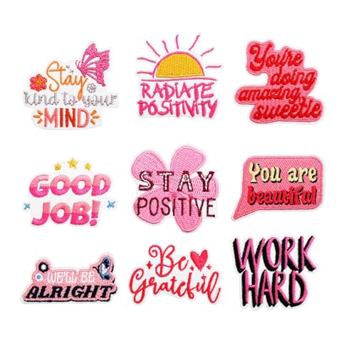 Aufnäher mit positiven Sprüchen, "Work Hard Good Job Be Grateful Stay Positiv", bestickt, zum Aufbügeln für Kleidung, Taschen, Hüte, Jacken, Jeans, Rucksäcke, 9 Stück von BDIHS