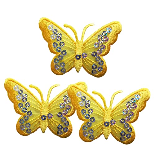 Gelber Pailletten-Schmetterling-Aufnäher, 3 Stück, hellgelber Schmetterling, zum Aufbügeln oder Aufnähen, bestickter Aufnäher, Emblem, Abzeichen für Rucksäcke, Jeans, Mädchenrock (gelb) von BDIHS