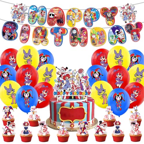 32PCS Amazing Geburtstag Party Dekoration,Digital circus Dekorationsset Geburtstagsparty Dekorationen Happy Birthday Banner Circus Torteneinlage Kinderthemenparty Luftballons Amazing Digital Fans von BDQYLOUJ