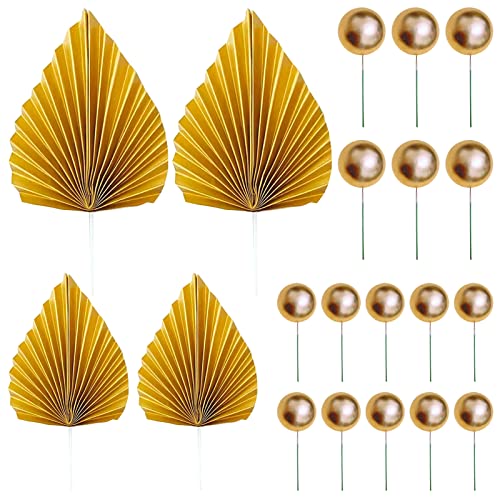 BDSHUNBF 24 Stück Palmblatt Fächer Tortendeko,Palme Papier Kuchenaufsatz With Kuchen Deko Goldene Kugeln,Cupcake Topper für Geburtstag, Hochzeit, Party Dekorationen von BDSHUNBF