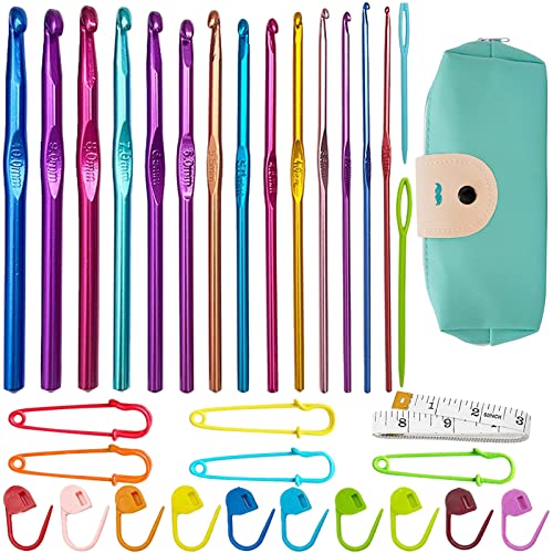 BDSHUNBF 33 Stück Häkelnadel Set, 14 Größen Häkelnadeln, Crochet Hooks Stricknadeln, Ergonomische Stricknadeln, Häkeln Stricken Nadeln Kit Haushalt Werkzeug für Anfänger, mit Tragbaren Tasche von BDSHUNBF