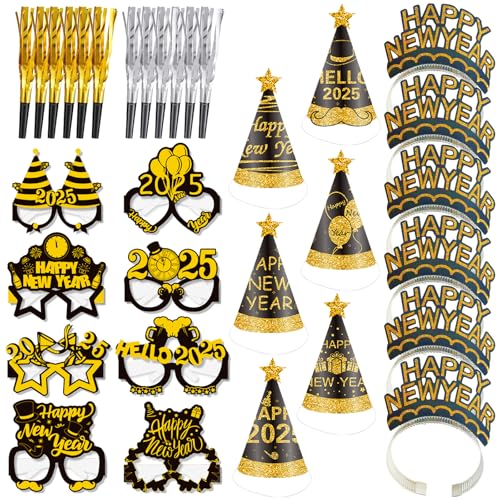 BDSHUNBF 38 Pcs Silvester Deko 2025 Dekoration Set,Neujahr Silvesterdeko,Silvesterpartydeko Accessoire für Silvesterparty,Silvester Deko 2025 Party Set,Happy New Year Haarreif Silvester Kopfschmuck von BDSHUNBF