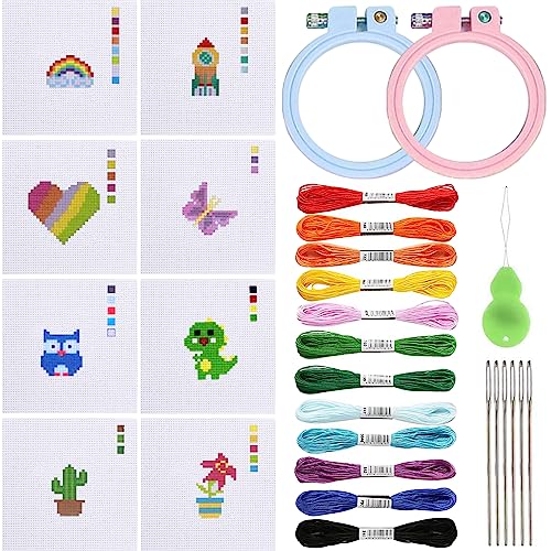 BDSHUNBF 8 Stück Stickerei Set, Kinder Kreuzstich Set für Anfänger, Cross Stitch Embroidery Kit mit Muster Stickrahmen, für DIY Kunst, Handwerk, Nähen von BDSHUNBF