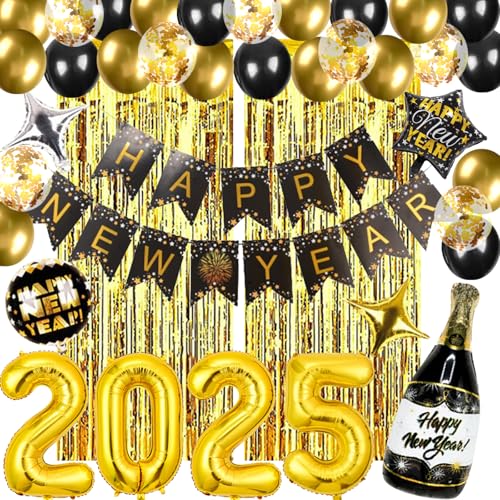 BDSHUNBF Silvester Deko 2025 Dekoration Set, Neujahr Silvesterdeko, Happy New Year Girlande, Folienballons, Neujahr Deko 2025 Happy New Year Banner, Silvesterpartydeko Accessoire für Silvesterparty von BDSHUNBF