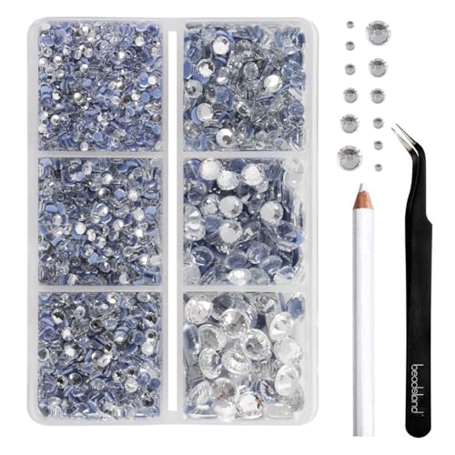 BEADSLAND Hotfix Strasssteine, 4000 PCS Klare Strasssteine für Kleidung Kunsthandwerk gemischt 6 Größen mit Wachsstift und Pinzette Kit,SS6-SS30,Kristall von BEADSLAND