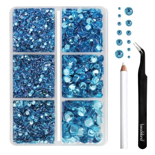 BEADSLAND Hotfix Strasssteine,4000 PCS Blau Strasssteine für Kleidung Kunsthandwerk gemischt 6 Größen mit Wachsstift und Pinzette Kit, SS6-SS30, Aquamarin von BEADSLAND