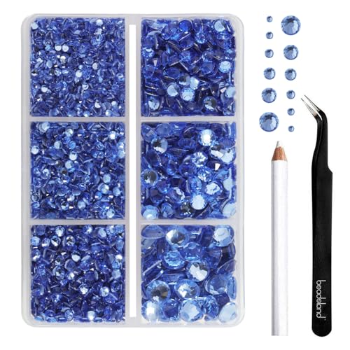 BEADSLAND Hotfix Strasssteine,4000 PCS Blau Strasssteine für Kleidung Kunsthandwerk gemischt 6 Größen mit Wachsstift und Pinzette Kit, SS6-SS30, Hellblau von BEADSLAND