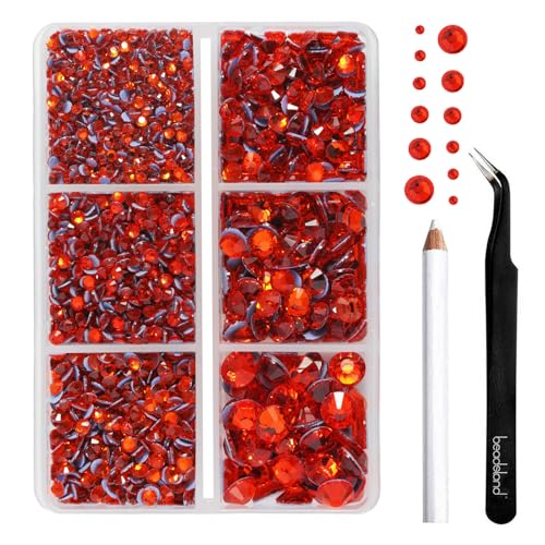 BEADSLAND Hotfix Strasssteine,4000 PCS Orange Strasssteine für Kleidung Kunsthandwerk gemischt 6 Größen mit Wachsstift und Pinzette Kit, SS6-SS30, Orange von BEADSLAND