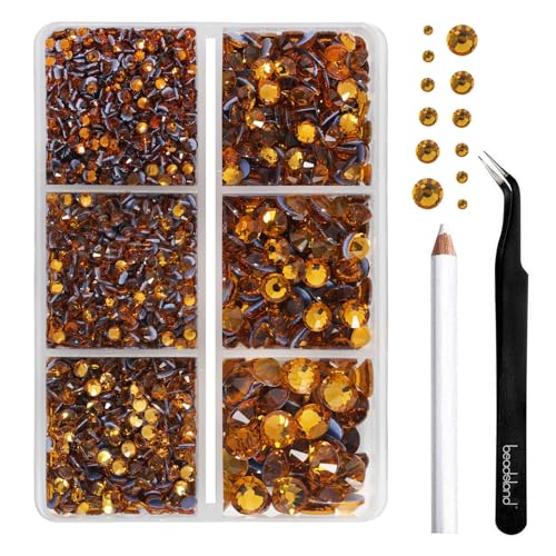 BEADSLAND Hotfix Strasssteine,4000 PCS Topaz Strasssteine für Kleidung Kunsthandwerk gemischt 6 Größen mit Wachsstift und Pinzette Kit, SS6-SS30, Topaz von BEADSLAND