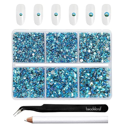 Beadsland 4300 Stück Blau AB Strasssteine mit flacher Rückseite,Nagelsteine,Kristall-Strasssteine zum Basteln,gemischt in 6 Größen,mit Picking-Pinzette und Wachsstift-Set,SS6–SS20,Aquamarin AB von BEADSLAND