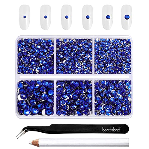 Beadsland 4300 Stück Blau Strasssteine mit flacher Rückseite,Nagelsteine, runde Kristall-Strasssteine zum Basteln, gemischt in 6 Größen, mit Picking-Pinzette und Wachsstift-Set, SS6–SS20,Saphirblau von BEADSLAND