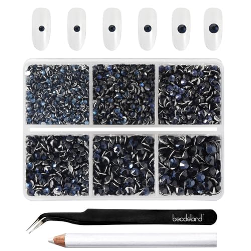 Beadsland 4300 Stück Blau Strasssteine mit flacher Rückseite,Nagelsteine, runde Kristall-Strasssteine zum Basteln, gemischt in 6 Größen, mit Picking-Pinzette und Wachsstift-Set, SS6–SS20,Montana von BEADSLAND