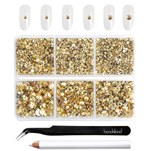 Beadsland 4300 Stück Gold Strasssteine mit flacher Rückseite,Nagelsteine, runde Kristall-Strasssteine zum Basteln, gemischt in 6 Größen, mit Picking-Pinzette und Wachsstift-Set, SS6–SS20,Metallgold von BEADSLAND