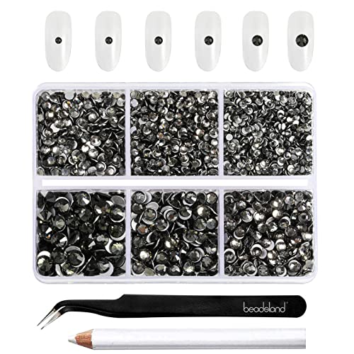 Beadsland 4300 Stück Grau Strasssteine mit flacher Rückseite,Nagelsteine, runde Kristall-Strasssteine zum Basteln, gemischt in 6 Größen, mit Picking-Pinzette und Wachsstift-Set, SS6–SS20,Anthrazit von BEADSLAND