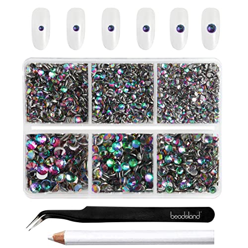 Beadsland 4300 Stück Grün Strasssteine mit flacher Rückseite,Nagelsteine, runde Kristall-Strasssteine zum Basteln, gemischt in 6 Größen, mit Picking-Pinzette und Wachsstift-Set, SS6–SS20,Grüner Vulkan von BEADSLAND