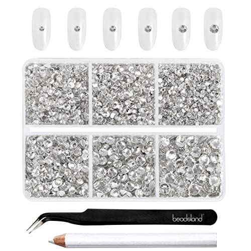 Beadsland 4300 Stück Klare Strasssteine mit flacher Rückseite,Nagelsteine, runde Kristall-Strasssteine zum Basteln,gemischt in 6 Größen, mit Picking-Pinzette und Wachsstift-Set,SS6–SS20,Kristall Weiss von BEADSLAND