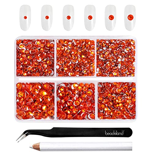 Beadsland 4300 Stück Orange Strasssteine mit flacher Rückseite,Nagelsteine, runde Kristall-Strasssteine zum Basteln, gemischt in 6 Größen, mit Picking-Pinzette und Wachsstift-Set, SS6–SS20,Orange von BEADSLAND