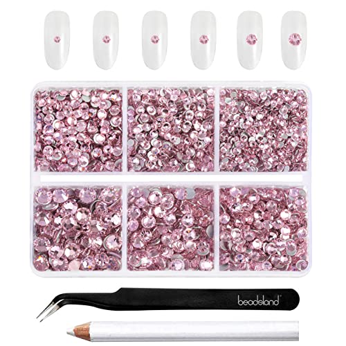 Beadsland 4300 Stück Rosa Strasssteine mit flacher Rückseite,Nagelsteine, runde Kristall-Strasssteine zum Basteln, gemischt in 6 Größen, mit Picking-Pinzette und Wachsstift-Set, SS6–SS20,Rosa von BEADSLAND