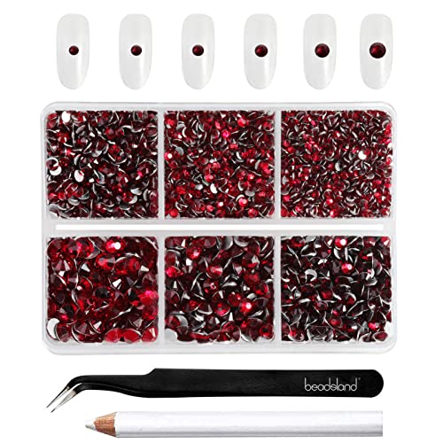 Beadsland 4300 Stück Rot Strasssteine mit flacher Rückseite,Nagelsteine, runde Kristall-Strasssteine zum Basteln, gemischt in 6 Größen, mit Picking-Pinzette und Wachsstift-Set, SS6–SS20,Dunkles Rot von BEADSLAND