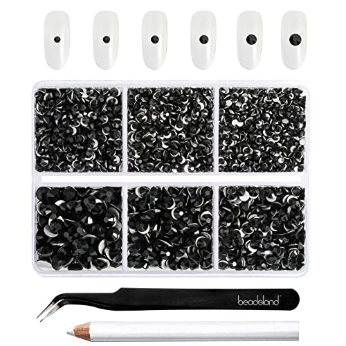 Beadsland 4300 Stück Schwarz Strasssteine mit flacher Rückseite,Nagelsteine, runde Kristall-Strasssteine zum Basteln, gemischt in 6 Größen, mit Picking-Pinzette und Wachsstift-Set, SS6–SS20,Schwarz von BEADSLAND